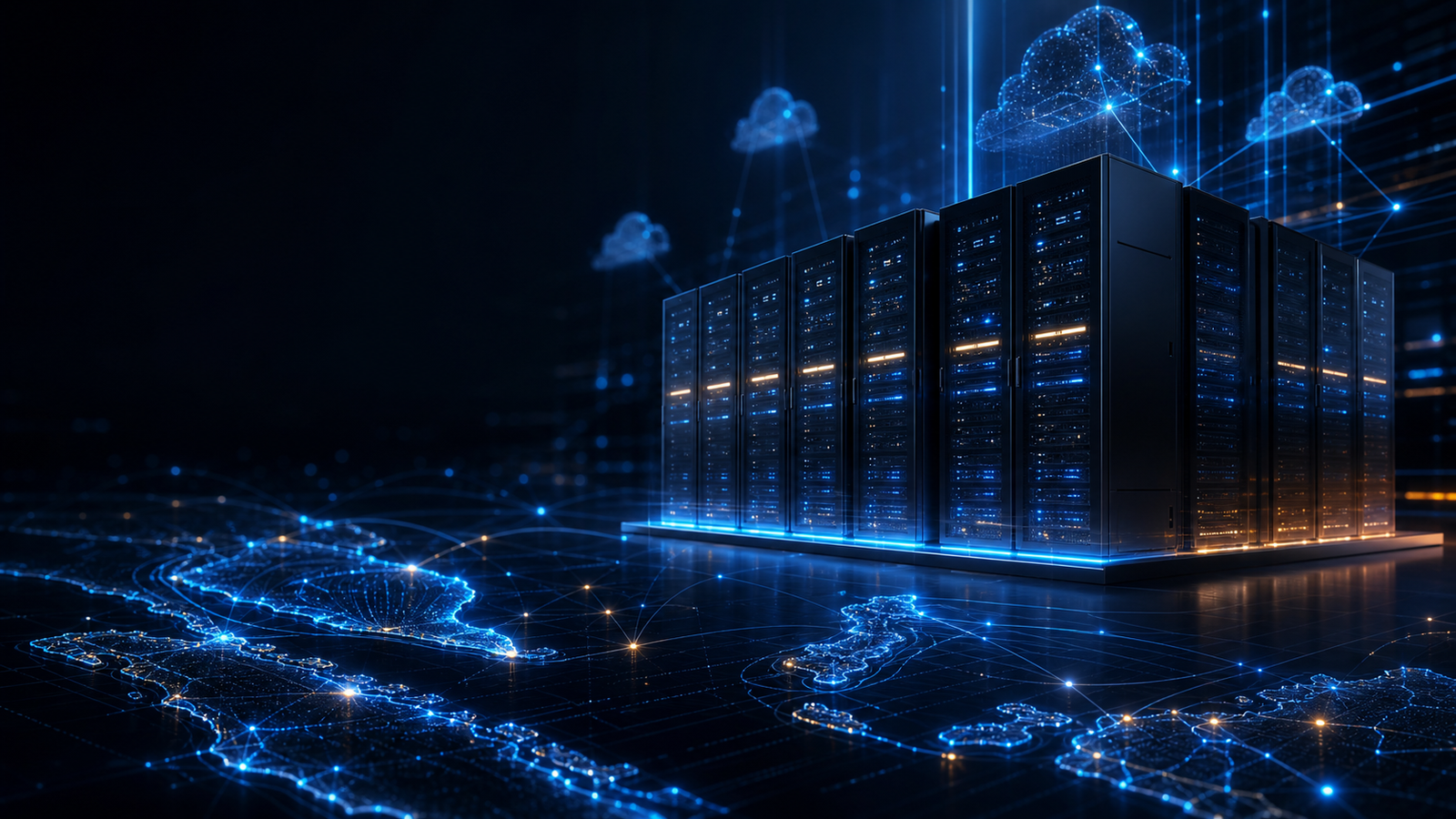 3D data center infrastructure with server racks, cloud routes and monitoring dashboards